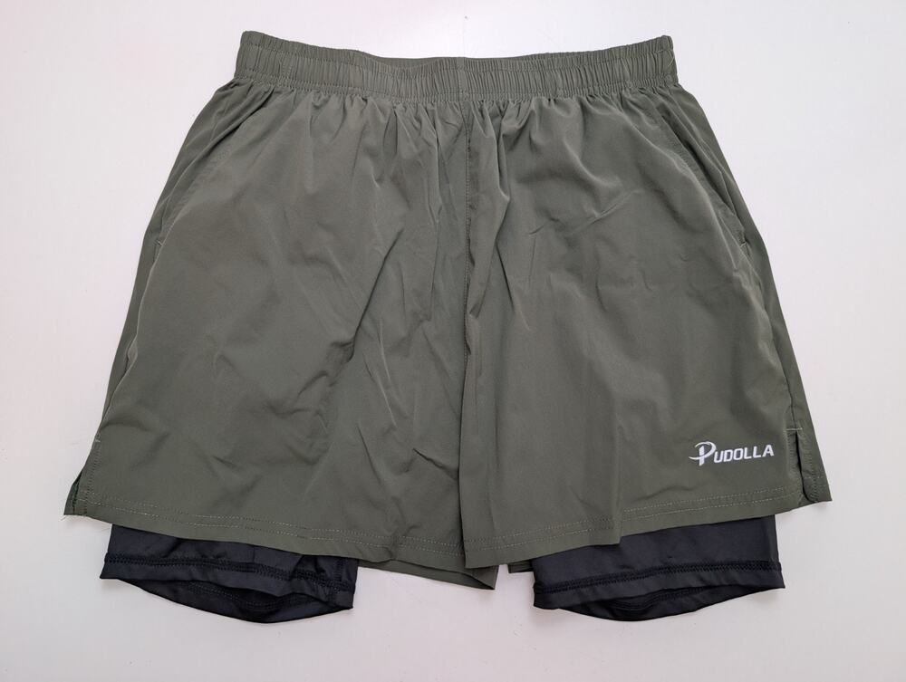 Pudolla Mens 2 In 1 Compression Shorts Running Drawstring & Elastic Waist Size S
